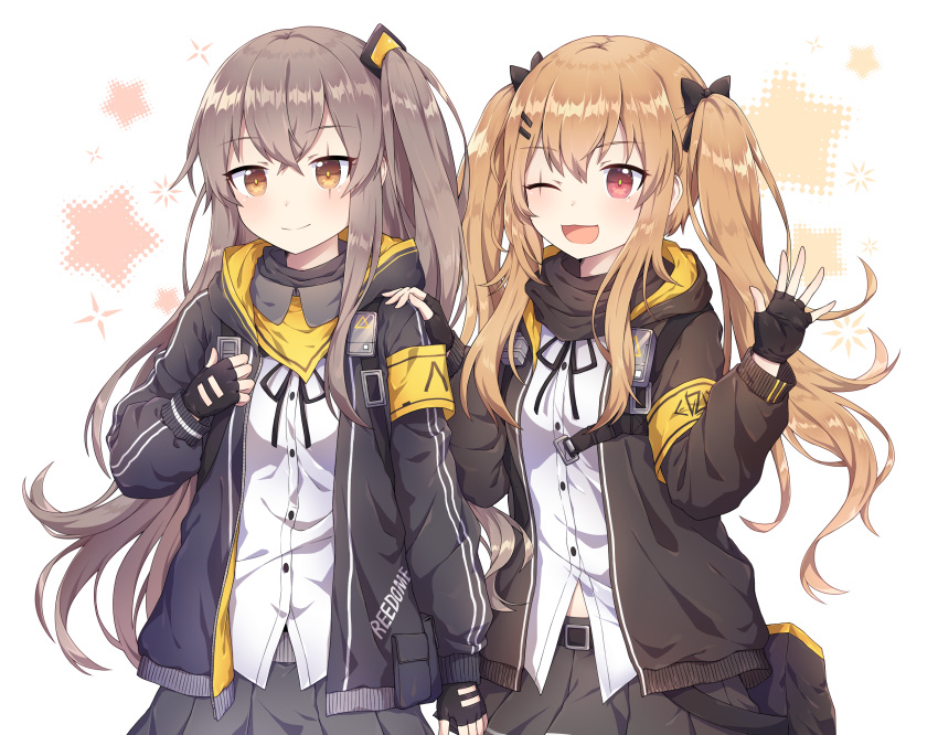 2girls ;d bangs black_bow black_gloves black_jacket black_ribbon black_skirt blush bow breasts brown_eyes brown_hair caramell0501 commentary_request eyebrows_visible_through_hair fingerless_gloves girls_frontline gloves grey_skirt hair_between_eyes hair_bow hair_ornament hairclip hand_on_another's_shoulder hands_up highres jacket long_hair long_sleeves looking_at_viewer multiple_girls neck_ribbon one_eye_closed one_side_up open_clothes open_jacket open_mouth pleated_skirt red_eyes ribbon scar scar_across_eye shirt skirt small_breasts smile starry_background twintails ump45_(girls_frontline) ump9_(girls_frontline) very_long_hair white_background white_shirt