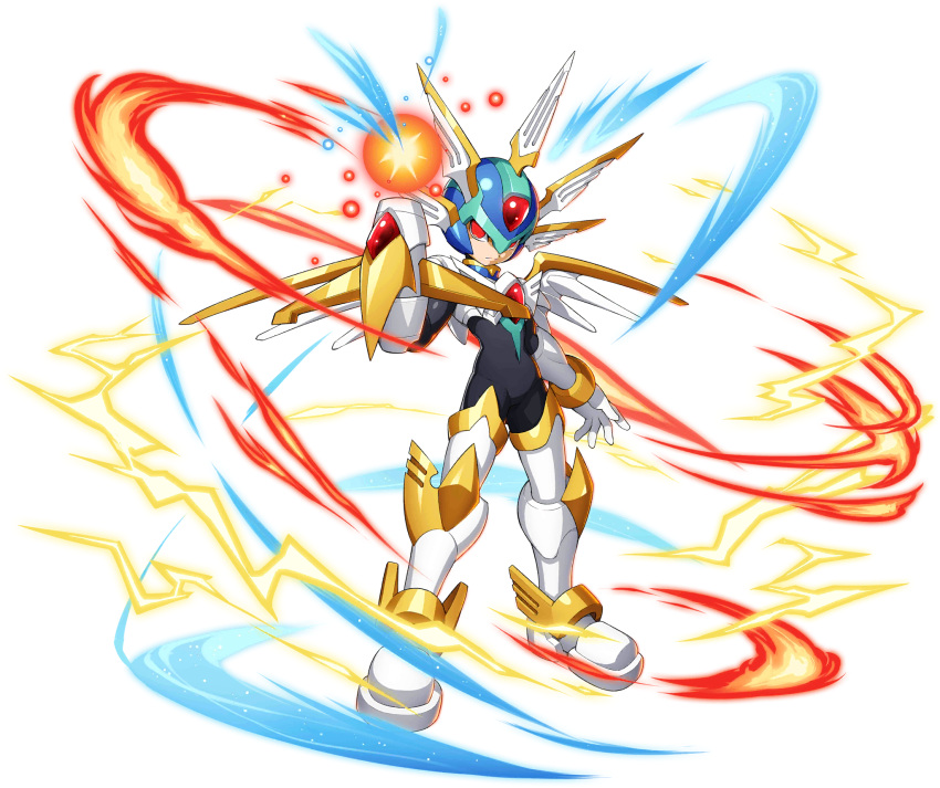 1boy android arm_cannon armor bodysuit copy_x evil gloves helmet highres looking_at_viewer male_focus mizuno_keisuke official_art red_eyes robot rockman rockman_x_dive rockman_zero solo transparent_background weapon white_gloves wings