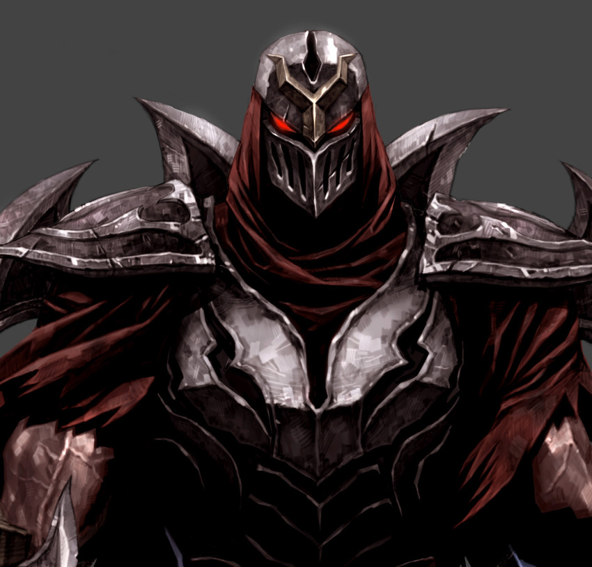 1boy armor breastplate cropped face glowing glowing_eyes grey_background helm helmet highres league_of_legends male_focus mask muscle ninja pauldrons red_eyes scratches seung_eun_kim shoulder_armor shuriken simple_background solo torn torn_clothes upper_body veins weapon weapon_on_back zed_(league_of_legends)