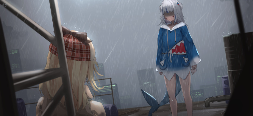 2girls a_way_out blonde_hair blood blood_on_face blue_hoodie crying death fish_tail gawr_gura hair_ornament hat highres hololive hololive_english hood hoodie multicolored_hair multiple_girls nev_(nevblindarts) on_roof outdoors rain sad shark_hair_ornament shark_tail silver_hair tail tears virtual_youtuber watson_amelia white_hair