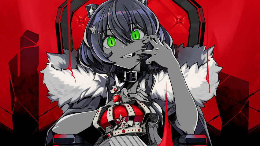 1girl animal_ears ayunda_risu belt_collar black_nails cloak collar commentary crown crown_removed dark_persona english_commentary fingernails fur-trimmed_cloak fur_trim green_eyes hair_ornament hairclip hand_up head_tilt highres hololive hololive_indonesia limited_palette long_hair looking_at_viewer nail_polish official_art ramiigotcha red_theme sharp_teeth sitting smile solo squirrel_ears teeth throne upper_body