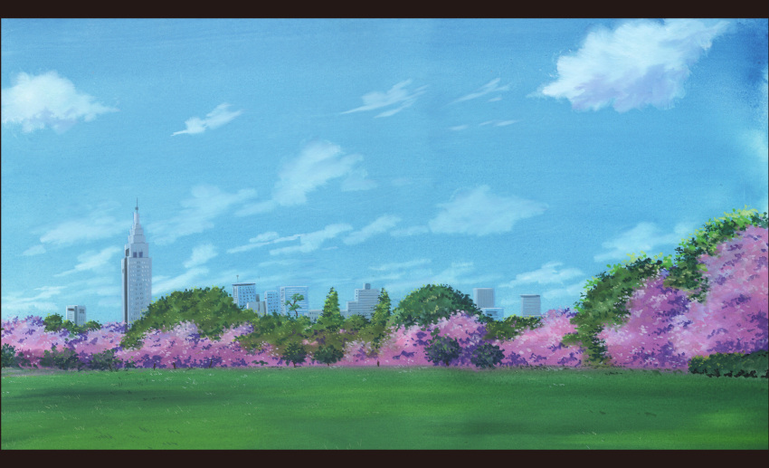 absurdres blue_sky building cherry_blossoms clouds day field forest highres letterboxed nature no_humans original outdoors sawitou_mizuki scenery sky skyscraper spring_(season) traditional_media