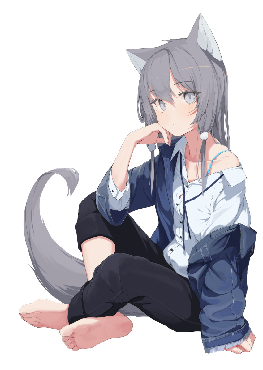 1girl absurdres animal_ears barefoot black_pants blue_jacket blush bra_strap collarbone commentary_request denim denim_jacket facial_mark from_side full_body grey_eyes hand_on_own_cheek highres jacket long_hair long_sleeves looking_at_viewer looking_to_the_side mikisai off_shoulder open_clothes open_jacket original pants parted_lips shirt sidelocks silver_hair single_bare_shoulder sitting solo tail white_shirt