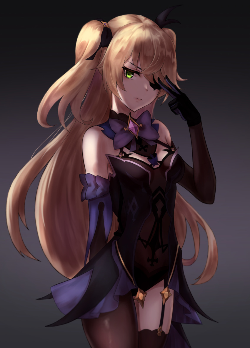 1girl angdo_(kakajo26) bare_shoulders black_dress black_gloves blonde_hair bow bowtie breasts brown_legwear cowboy_shot detached_sleeves dress eyepatch fischl_(genshin_impact) garter_straps genshin_impact gloves gradient gradient_background green_eyes hair_ornament hair_over_one_eye hand_up highres long_hair long_sleeves looking_at_viewer medium_breasts single_leg_pantyhose single_thighhigh solo standing thigh-highs thighs two_side_up v very_long_hair