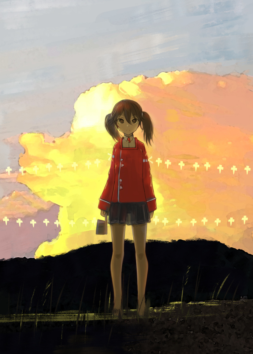 1girl bangs black_skirt brown_eyes brown_hair closed_mouth clouds hair_between_eyes hat highres holding holding_clothes holding_hat japanese_clothes kantai_collection kariginu long_hair long_sleeves magatama nito_(nshtntr) outdoors pleated_skirt ryuujou_(kantai_collection) shikigami skirt sky solo standing twintails visor_cap