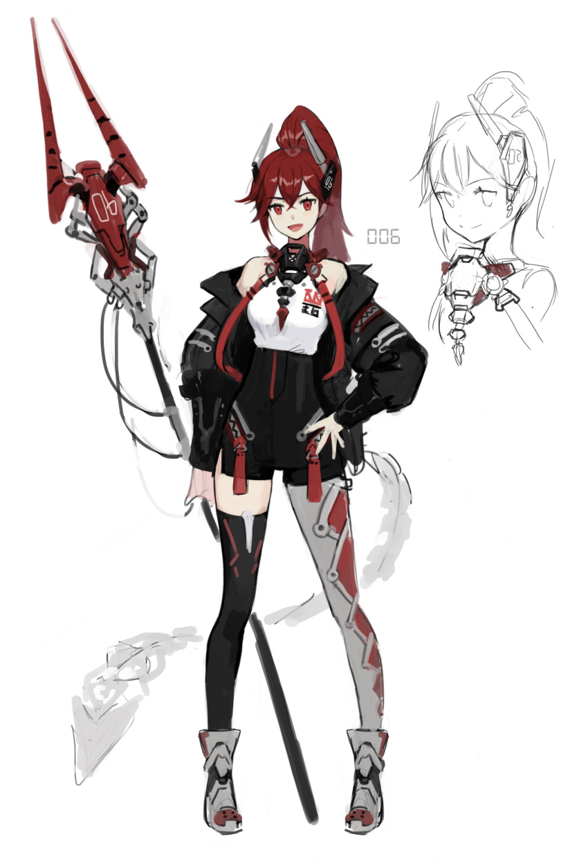 1girl absurdres black_jacket black_legwear closed_mouth cyberpunk hair_between_eyes hand_on_hip highres holding holding_polearm holding_spear holding_weapon jacket long_hair mechanical_tail mismatched_legwear number off_shoulder open_mouth original oversized_zipper polearm red_eyes redhead simple_background sketch smile solo soyoong_jun spear standing tail thigh-highs weapon white_background zipper zipper_pull_tab