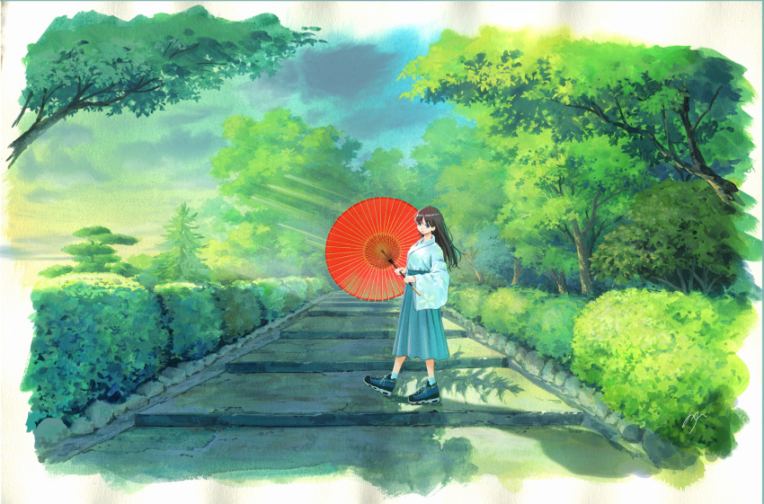 1girl black_footwear blue_eyes border brown_hair bush closed_mouth clouds cloudy_sky day from_side green_hakama green_sky hakama highres holding holding_umbrella japanese_clothes long_hair long_sleeves looking_at_viewer oriental_umbrella original outdoors red_umbrella sawitou_mizuki scenery shoes sky smile solo standing tree umbrella white_border