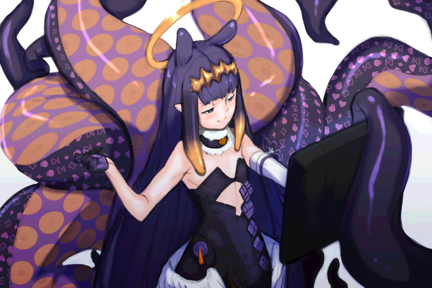 1girl animal_ears bare_shoulders drawing drawing_tablet dress flat_chest gloves hair_ornament halo highres hololive hololive_english low_wings monocle_hair_ornament mr-tekuchi necktie ninomae_ina'nis pointy_ears purple_dress purple_hair simple_background solo standing tentacle_hair tentacles violet_eyes virtual_youtuber white_wings wings