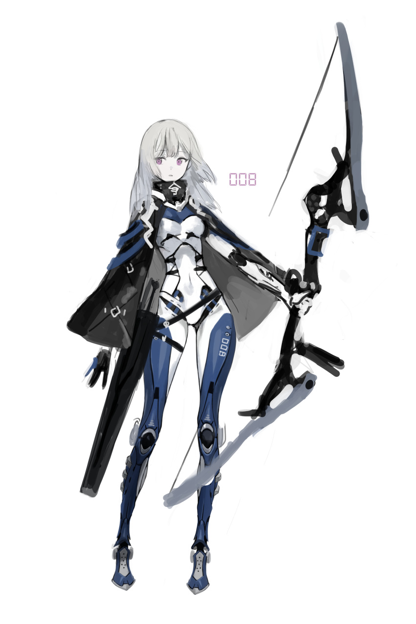 1girl absurdres arrow_(projectile) black_capelet bow_(weapon) capelet cyberpunk gloves grey_hair highres holding holding_bow_(weapon) holding_weapon long_hair mechanical_arm original parted_lips quiver simple_background sketch solo soyoong_jun standing violet_eyes weapon white_background white_skin