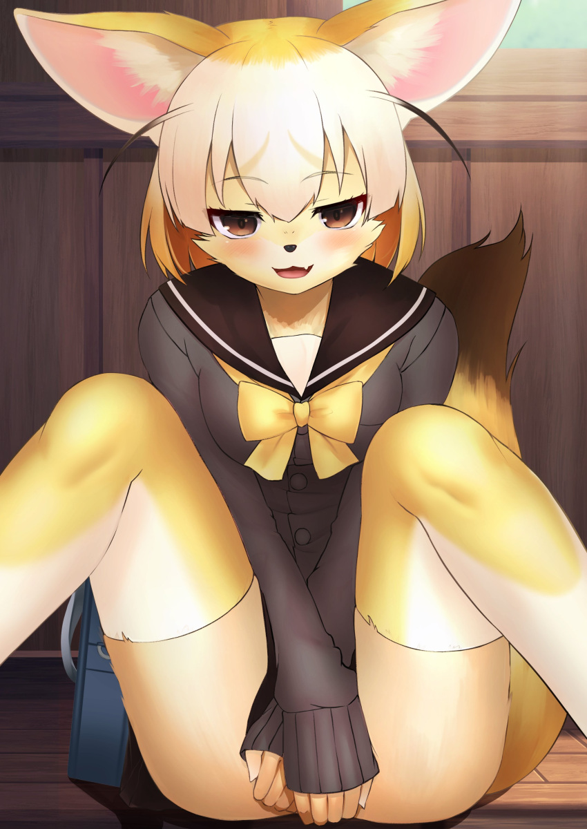 1girl :d absurdres alternate_costume animal_ear_fluff animal_ears animal_nose bag between_legs blonde_hair blush bow bowtie brown_eyes deku_suke eyebrows_visible_through_hair fang fennec_(kemono_friends) fox_ears fox_girl fox_tail furrification furry hand_between_legs highres kemono_friends long_sleeves looking_at_viewer multicolored_hair open_mouth sailor_collar school_bag school_uniform short_hair sitting sleeves_past_wrists smile solo tail thigh-highs wooden_floor yellow_bow yellow_fur yellow_legwear yellow_neckwear