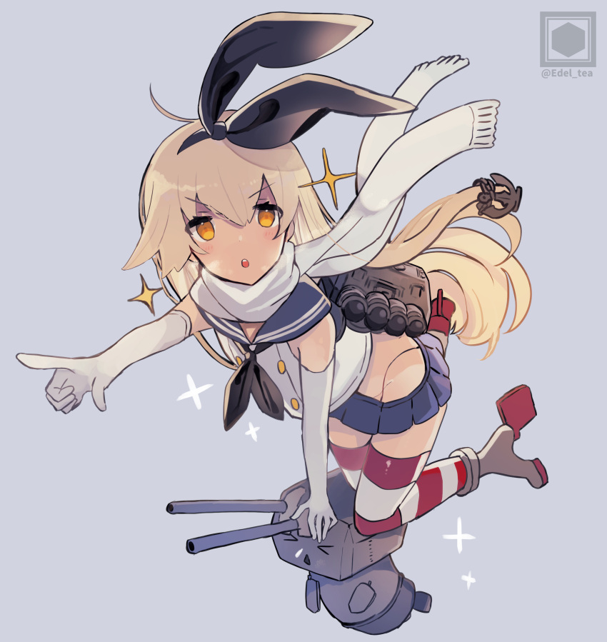 1girl absurdres anchor_hair_ornament artist_logo black_hairband black_neckwear black_panties blonde_hair blue_sailor_collar blue_skirt commentary_request crop_top edel_(edelcat) elbow_gloves full_body gloves grey_background hair_ornament hairband highleg highleg_panties highres kantai_collection long_hair looking_at_viewer machinery microskirt miniskirt neckerchief orange_eyes panties pleated_skirt pointing rensouhou-chan sailor_collar scarf shimakaze_(kantai_collection) skirt sparkle striped striped_legwear thigh-highs torpedo_launcher underwear white_gloves white_scarf