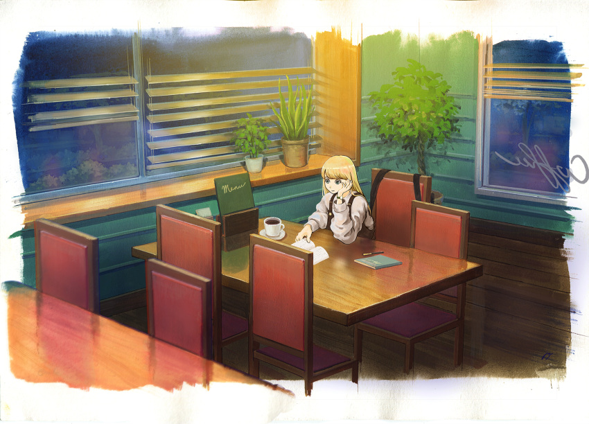 1girl blonde_hair blue_eyes book border brown_overalls chair closed_mouth coffee_mug cup desk hand_up highres indoors long_hair long_sleeves mug open_book original overalls plant potted_plant restaurant sawitou_mizuki signature sitting smile solo sweater tree watch watch white_border white_sweater