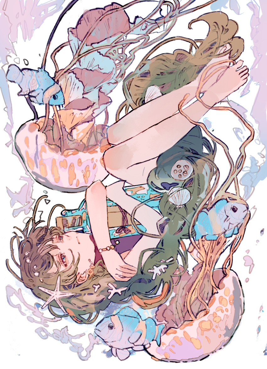 1girl barefoot blue_eyes bottle bracelet brown_hair commentary_request earrings fish full_body highres jellyfish jewelry long_hair message_in_a_bottle object_hug original qooo003 sand_dollar seashell shell solo starfish_hair_ornament underwater upside-down very_long_hair white_background