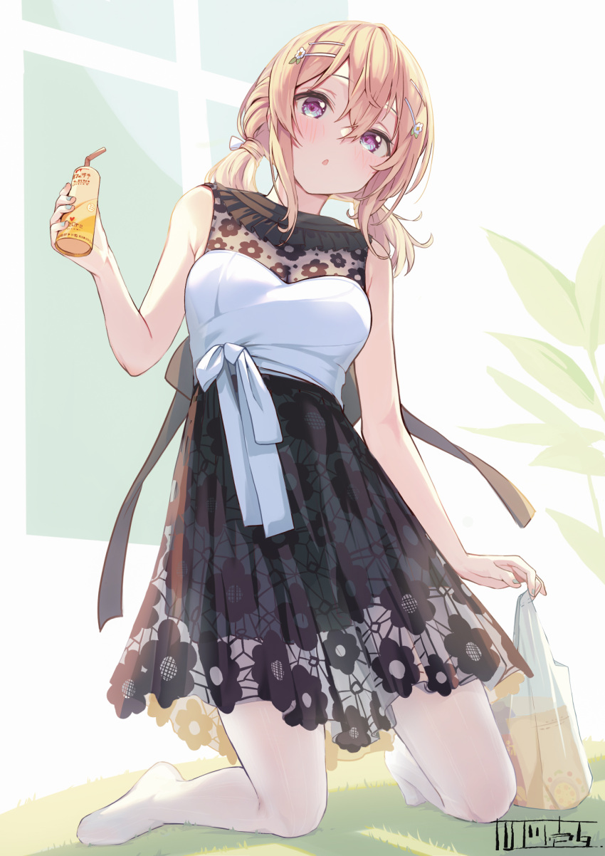 1girl :o bag black_dress blonde_hair blue_nails breasts can dress drinking_straw floral_print grass hair_between_eyes hair_ornament hairclip highres holding kagawa_ichigo kneeling low_twintails medium_breasts medium_hair multicolored multicolored_clothes multicolored_dress nail_polish original pantyhose plant plastic_bag short_twintails sidelocks simple_background solo twintails violet_eyes white_dress white_legwear window