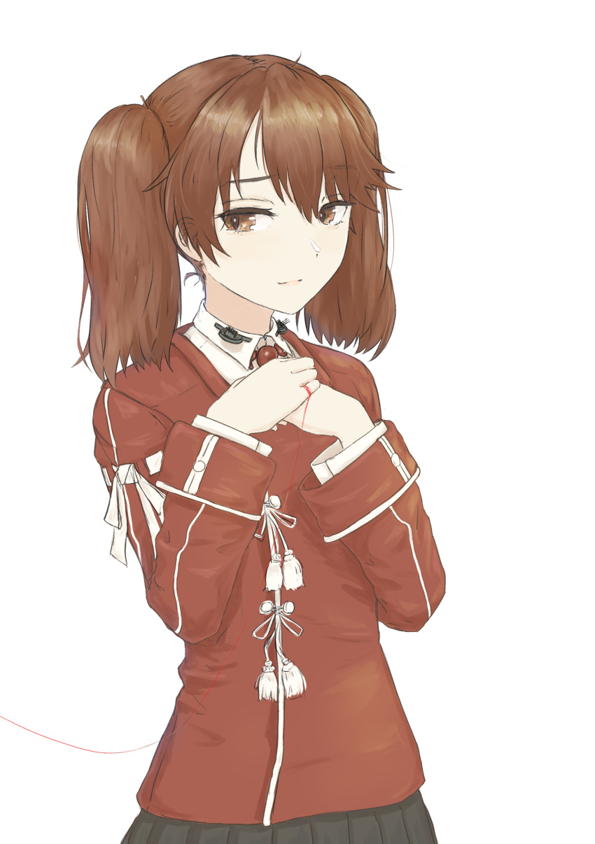 1girl absurdres bangs black_skirt brown_eyes brown_hair closed_mouth hands_on_own_chest highres japanese_clothes kantai_collection kariginu long_hair long_sleeves magatama nito_(nshtntr) pleated_skirt ryuujou_(kantai_collection) simple_background skirt solo string string_of_fate twintails upper_body white_background