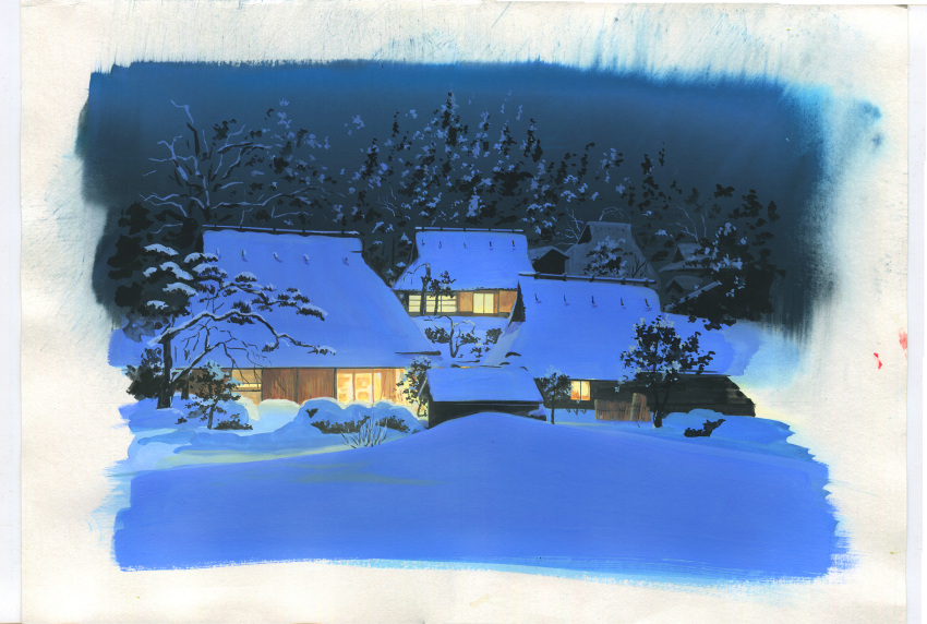 bare_tree highres house night no_humans original outdoors sawitou_mizuki scenery snow traditional_media tree village winter