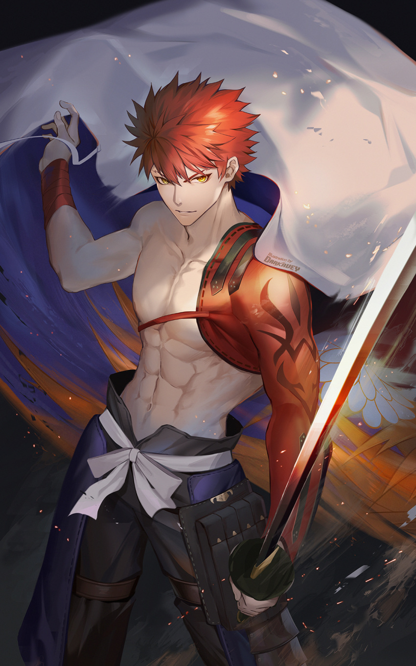 1boy abs artist_name black_background black_pants cape chest closed_mouth cowboy_shot darkavey embers fate/grand_order fate_(series) hand_up highres holding holding_sword holding_weapon igote japanese_clothes katana looking_at_viewer male_focus pants pectorals redhead sengo_muramasa_(fate) shirtless short_hair solo standing sword toned toned_male weapon white_cape wrist_wrap yellow_eyes