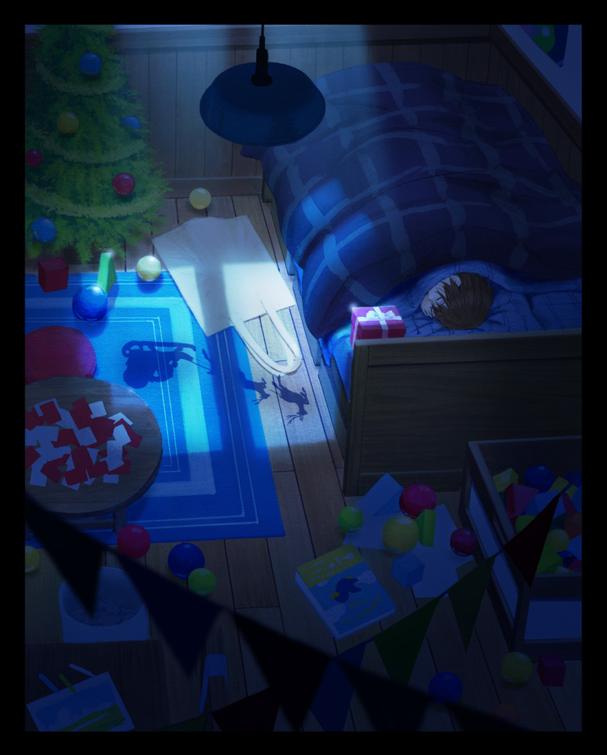 1other ambiguous_gender bed black_border border brown_hair christmas_gift christmas_ornaments christmas_tree dark highres indoors lying on_bed on_side original rug santa_claus sawitou_mizuki solo string_of_flags table toy under_covers