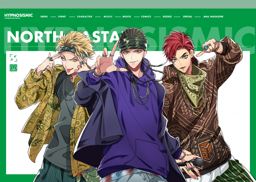 3boys black_hair blonde_hair bracelet braid chain_necklace cornrows douan_kazusato headband highres hood hoodie hypnosis_mic hypnosis_mic:_rule_the_stage jewelry kokuri_ryouzan looking_at_viewer microphone multiple_boys necklace official_style pointing pointing_at_self redhead ring sanagi_kenei smile tongue tongue_out vivienne9westwood yellow_eyes
