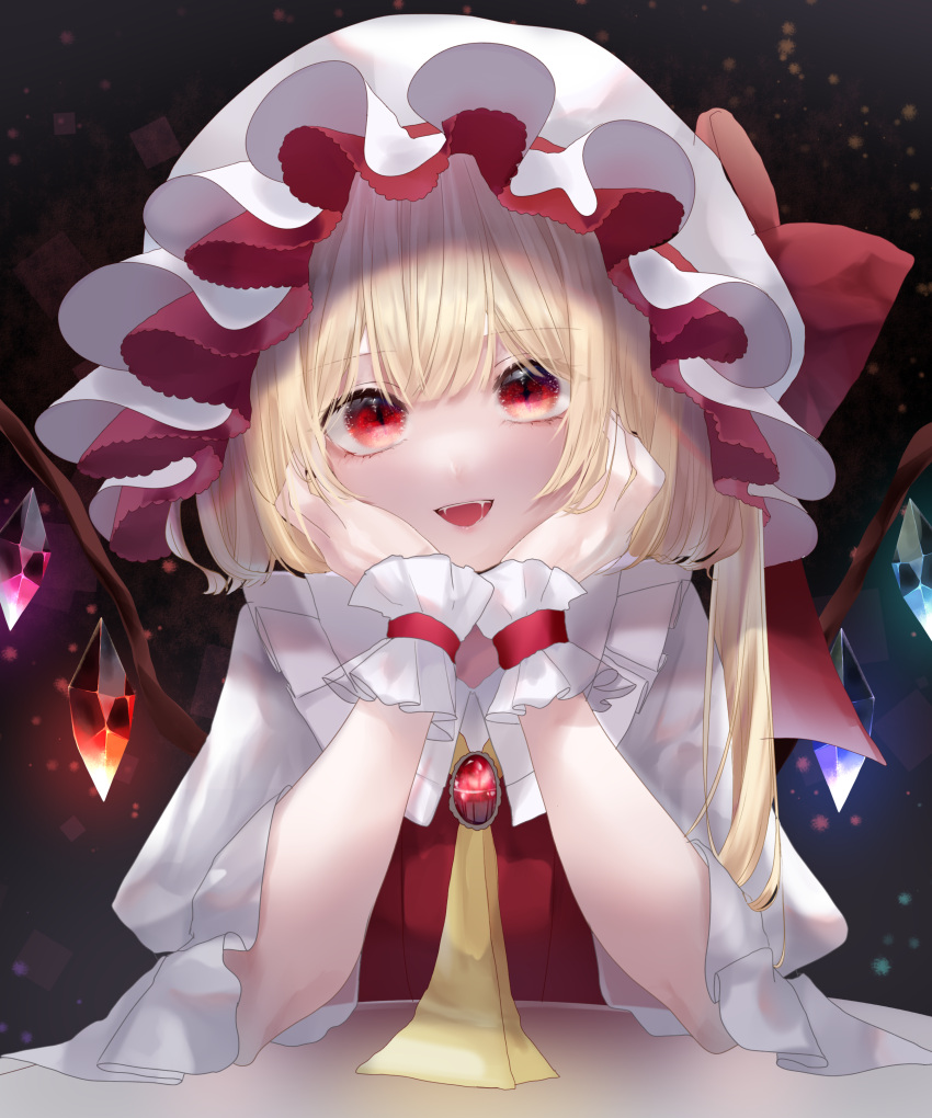 1girl :d absurdres blonde_hair bonnet bow eyebrows_visible_through_hair fangs flandre_scarlet hat hat_bow head_rest highres large_bow long_hair long_sleeves looking_at_viewer neckerchief open_mouth red_bow red_eyes side_ponytail sitting slit_pupils smile solo table touhou upper_body white_headwear white_sleeves wings wrist_cuffs yellow_neckwear yukia_(yukia_777)