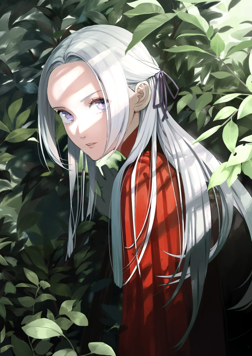 1girl capelet commentary_request edelgard_von_hresvelg eyelashes fire_emblem fire_emblem:_three_houses forehead garreg_mach_monastery_uniform gloves hair_ribbon highres leaf light_rays lips long_hair looking_at_viewer mueririko parted_lips plant purple_ribbon red_capelet ribbon shadow silver_hair solo teeth uniform violet_eyes white_gloves