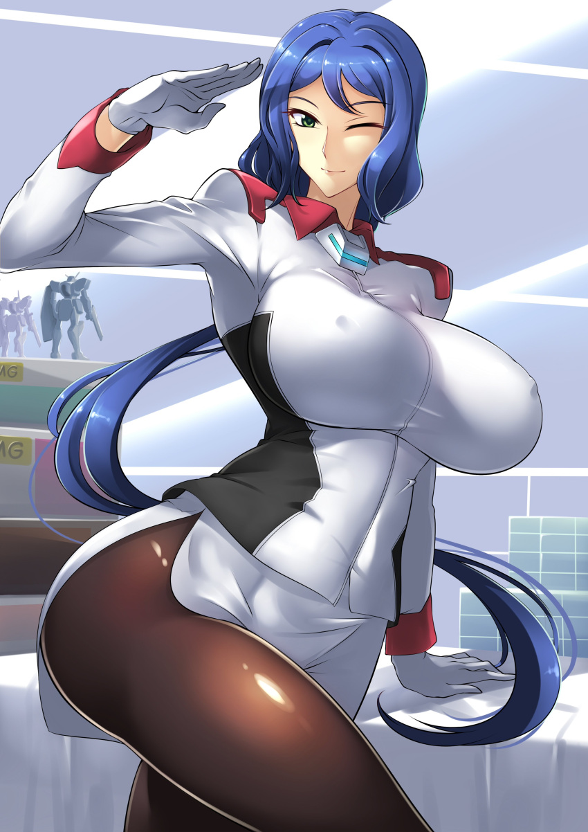 1girl absurdres blue_hair breasts cosplay covered_nipples gloves green_eyes gundam gundam_build_divers gundam_seed haganef highres iori_rinko large_breasts leggings military military_uniform murrue_ramius murrue_ramius_(cosplay) one_eye_closed pantyhose salute solo uniform white_gloves