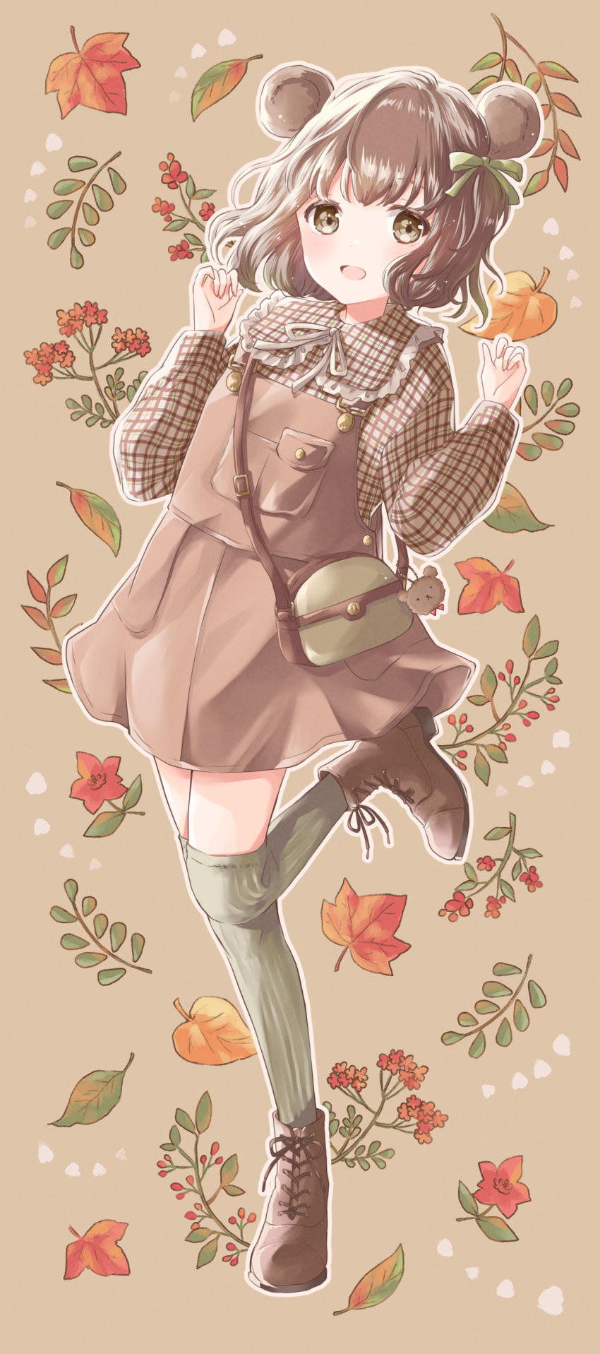 1girl absurdres animal_ears ankle_boots arms_up autumn bag bear_ears boots brown_eyes brown_footwear brown_hair brown_skirt brown_vest charm_(object) commentary_request cross-laced_footwear flower folded_leg full_body green_legwear hair_ribbon handbag highres hoshiibara_mato leaf leaf_background leaning_to_the_side long_sleeves looking_at_viewer maple_leaf open_mouth original outline over-kneehighs plaid plaid_shirt red_flower ribbon shirt short_hair skirt standing standing_on_one_leg thigh-highs vest