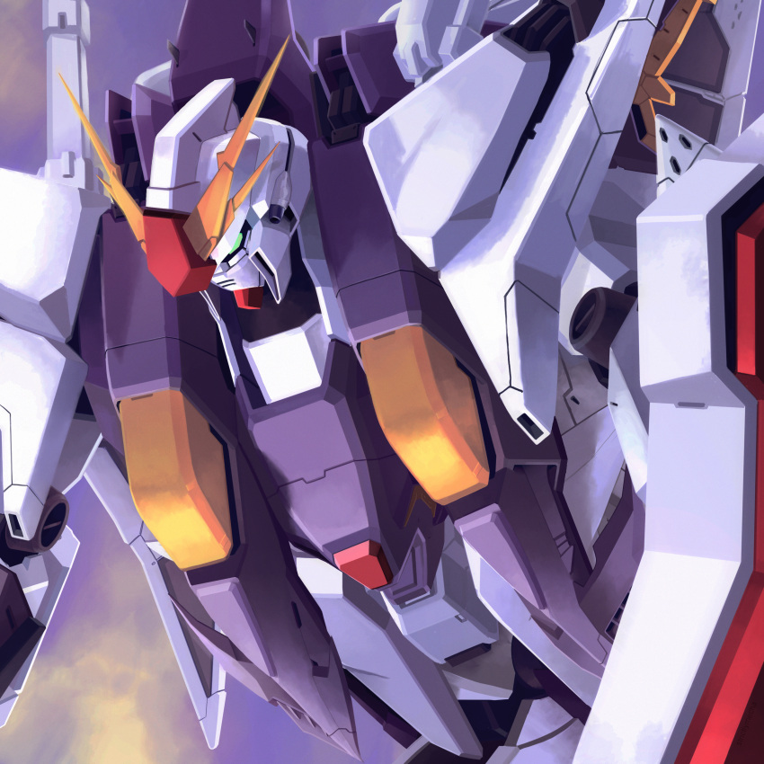 absurdres close-up flying green_eyes gundam gundam_hathaway's_flash highres holding holding_shield looking_down mecha no_humans science_fiction shield solo strictly_mecha v-fin xi_gundam