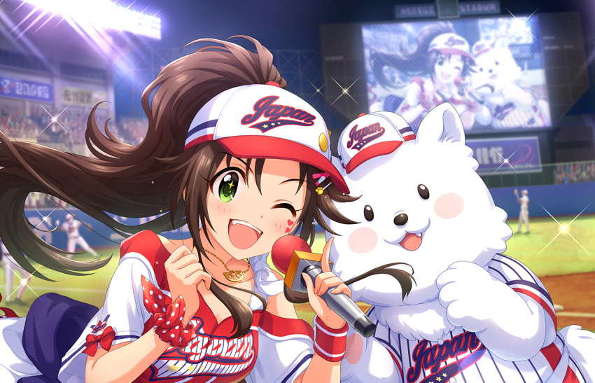 blush brown_hair dress green_eyes himekawa_yuki idolmaster_cinderella_girls_starlight_stage jersey long_hair mascot ponytail smile sports visor wink