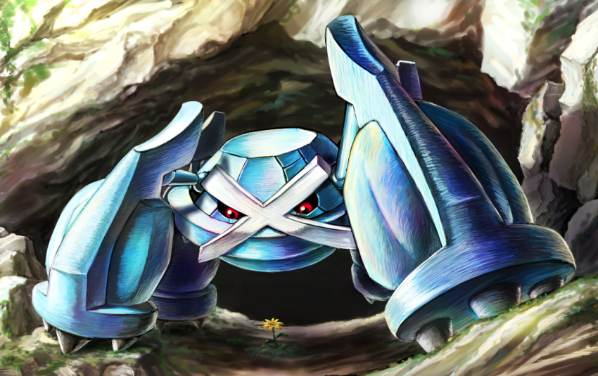 black_sclera cave claws commentary_request day flower gen_3_pokemon kaosu_(kaosu0905) looking_down metagross no_humans outdoors pokemon pokemon_(creature) red_eyes solo yellow_flower