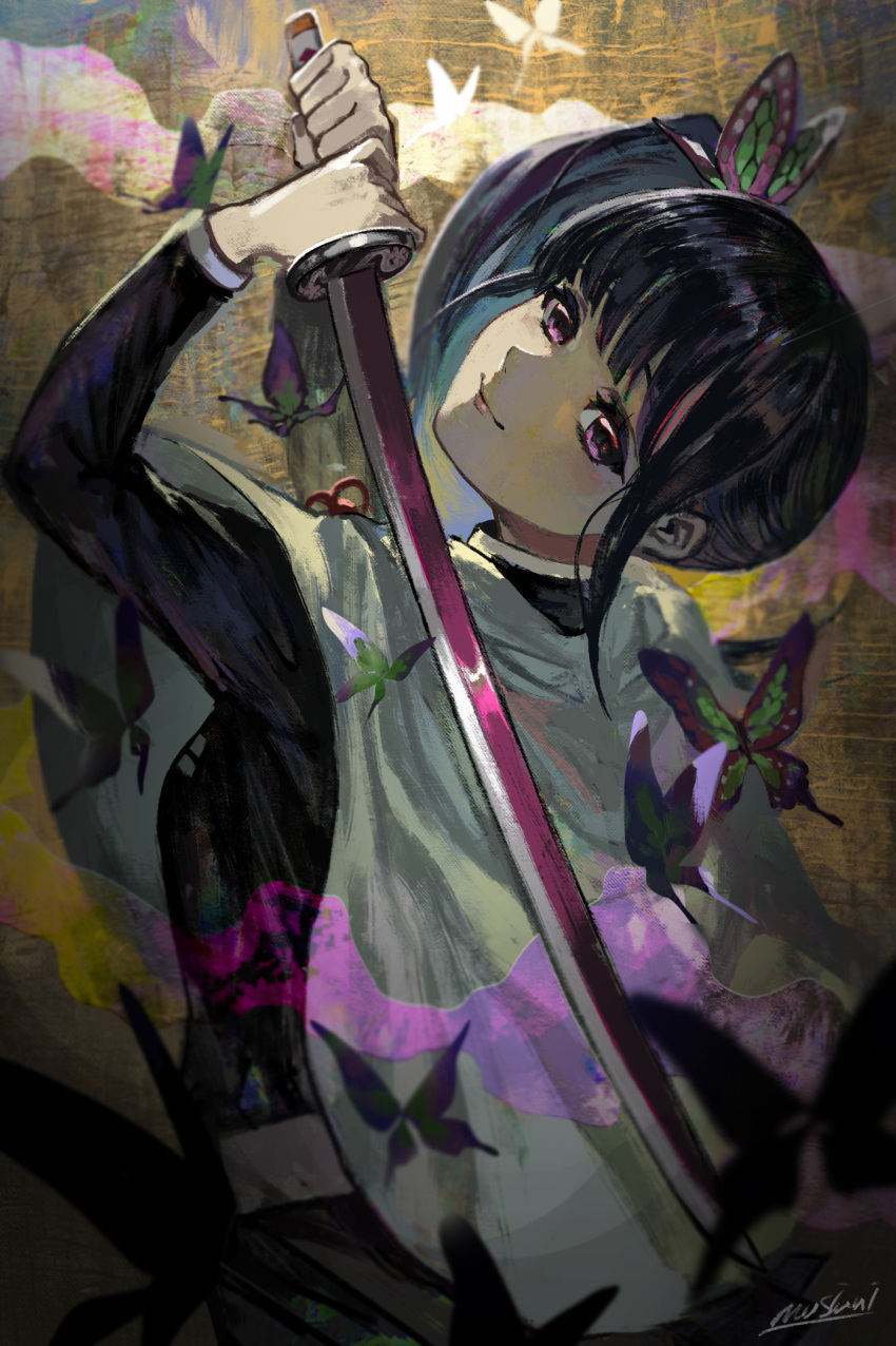 1girl black_hair black_jacket bug butterfly butterfly_hair_ornament cape closed_mouth from_behind hair_ornament head_tilt highres holding holding_sword holding_weapon insect jacket kimetsu_no_yaiba long_hair long_sleeves matcho shiny shiny_hair side_ponytail signature smile solo sword tsuyuri_kanao upper_body violet_eyes weapon white_cape