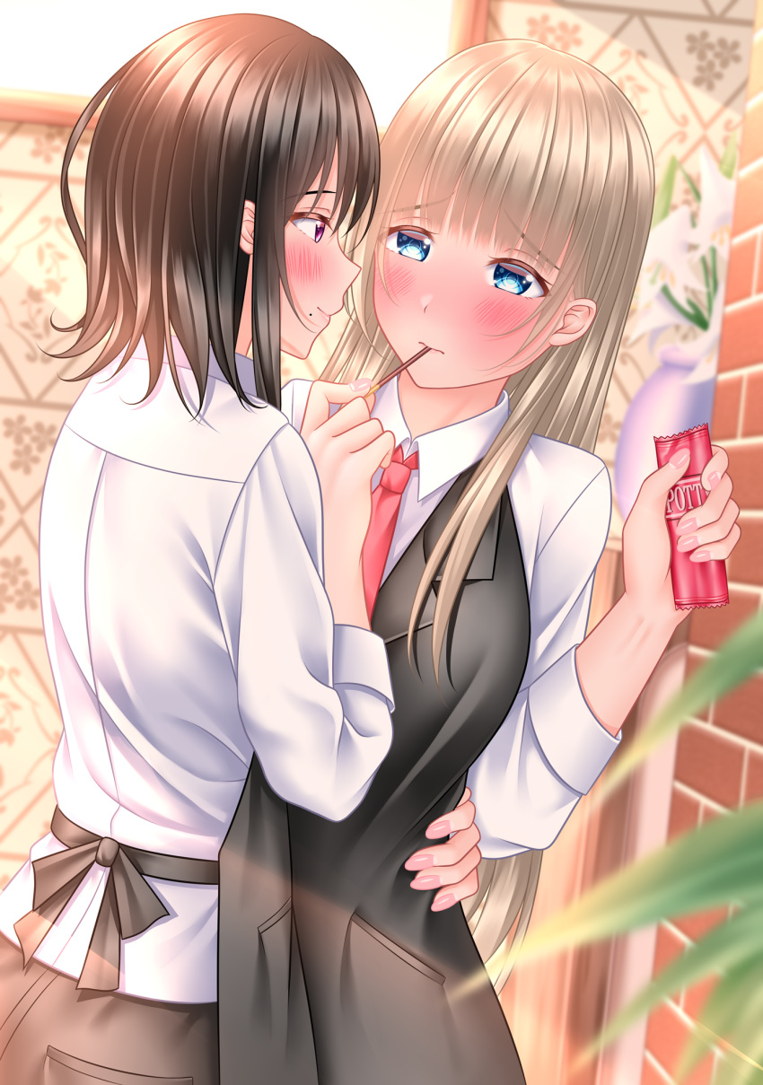 2girls apron bangs black_apron blonde_hair blue_eyes blunt_bangs blurry blush brick_wall brown_hair depth_of_field dress_shirt eye_contact eyebrows_visible_through_hair feeding fingernails flower food food_in_mouth hand_on_another's_back highres holding holding_food holding_pocky lily_(flower) lino_(lilyparty07) long_hair looking_at_another medium_hair mole mole_under_mouth multiple_girls necktie one-armed_hug original pink_nails pocky pocky_day red_neckwear shirt violet_eyes white_shirt yuri