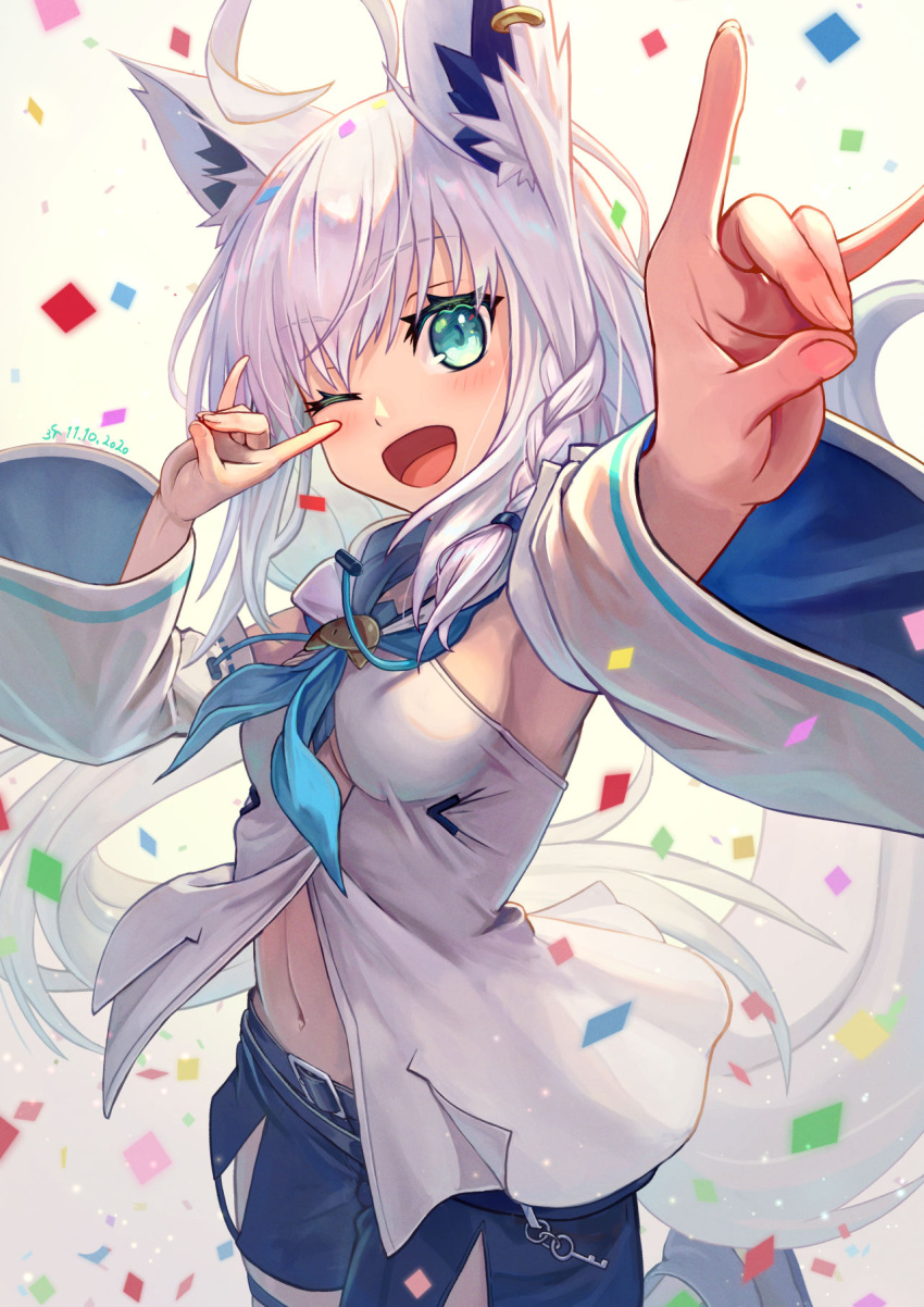 1girl :d ;d ahoge animal_ear_fluff animal_ears aqua_eyes aqua_neckwear armpits bangs belt black_belt black_shorts blush braid breasts commentary_request confetti cowboy_shot dated detached_sleeves double_fox_shadow_puppet drawstring ear_piercing eyebrows_visible_through_hair fox_ears fox_shadow_puppet fox_tail hair_between_eyes happy highres hololive hood hood_down long_hair looking_at_viewer medium_breasts navel neckerchief one_eye_closed open_mouth partially_unbuttoned piercing ponytail sakumichi shirakami_fubuki shirt short_shorts shorts side_braid sidelocks signature simple_background sleeveless sleeveless_shirt smile solo standing standing_on_one_leg tail under_boob virtual_youtuber white_background white_hair white_shirt white_sleeves wide_sleeves