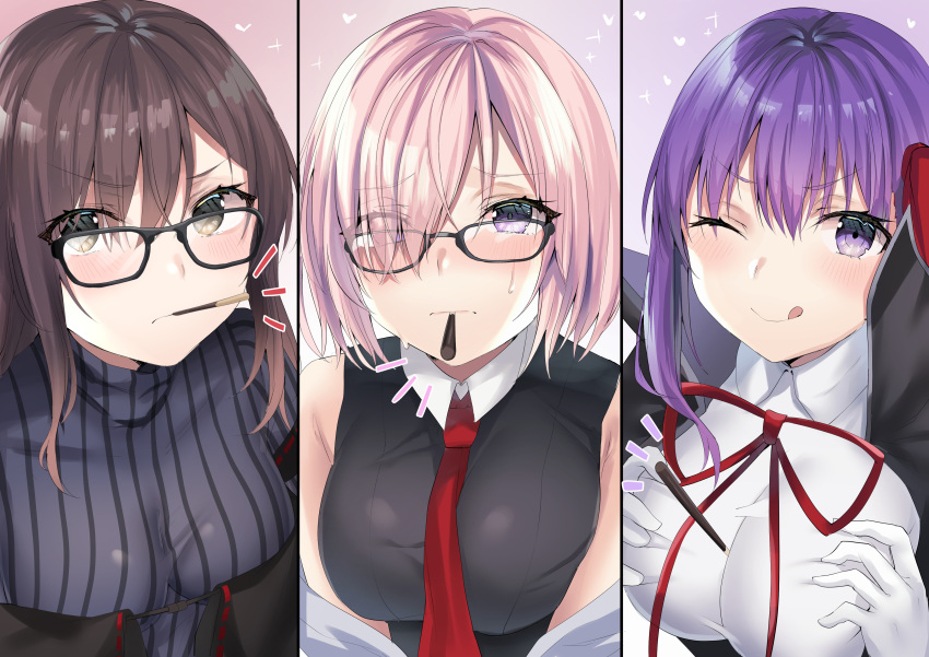 3girls absurdres bangs bare_shoulders bb_(fate)_(all) bb_(fate/extra_ccc) black_coat black_dress blush breasts brown_eyes brown_hair coat consort_yu_(fate) dress fate/extra fate/extra_ccc fate/grand_order fate_(series) food fou_(ssqseeker) glasses gloves grey_dress hair_over_one_eye hair_ribbon highres jacket large_breasts layered_dress leotard light_purple_hair long_hair long_sleeves looking_at_viewer mash_kyrielight mouth_hold multiple_girls neck_ribbon necktie open_clothes open_coat pocky pocky_day popped_collar purple_hair red_ribbon ribbed_dress ribbon short_hair smile very_long_hair violet_eyes white_gloves white_leotard