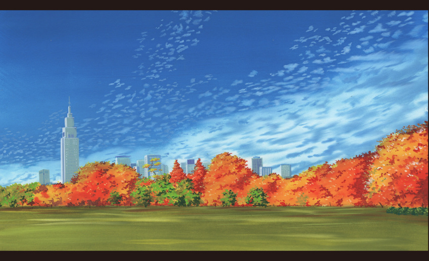 absurdres autumn autumn_leaves blue_sky building clouds cloudy_sky day field forest highres letterboxed nature no_humans original outdoors sawitou_mizuki scenery sky skyscraper traditional_media