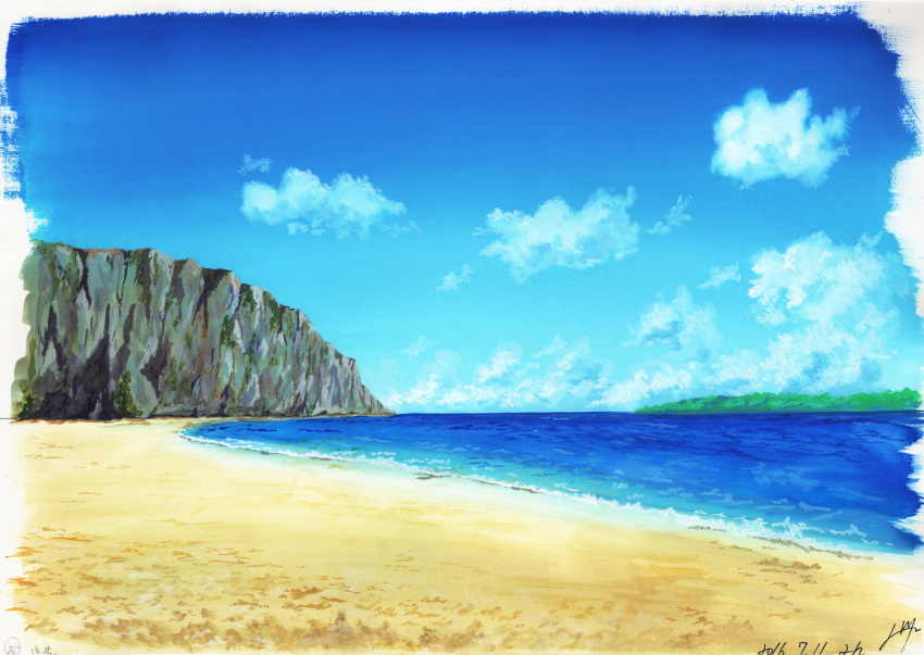 beach blue_sky clouds dated day highres hill no_humans ocean original outdoors sand sawitou_mizuki scenery signature sky summer traditional_media