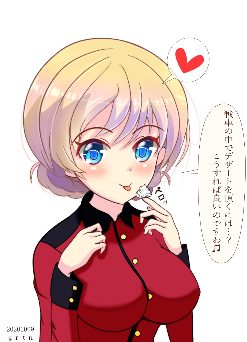 1girl absurdres artist_request bangs blonde_hair blue_eyes blush braid breasts darjeeling_(girls_und_panzer) dated eyebrows_visible_through_hair food food_on_finger girls_und_panzer hand_on_own_chest heart highres jacket large_breasts military_jacket red_jacket smile speech_bubble spoken_heart st._gloriana's_military_uniform swept_bangs tongue tongue_out translation_request whipped_cream white_background