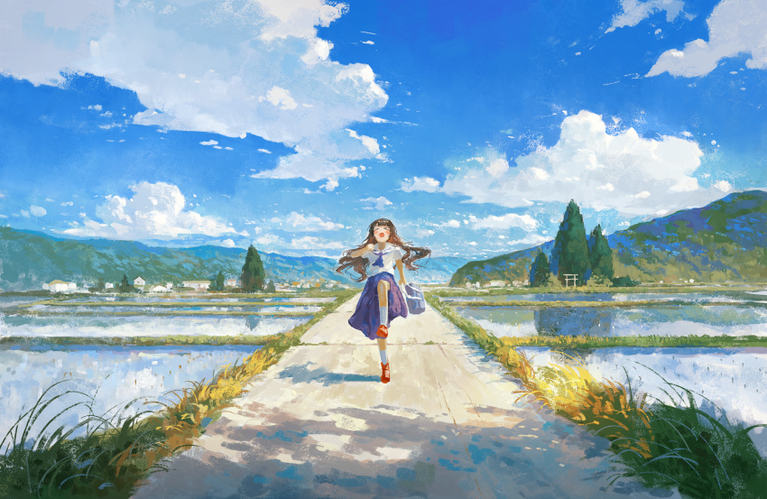 &gt;_&lt; &gt;o&lt; 1girl ankle_boots bag blue_neckerchief blue_skirt blue_sky blush boots brown_hair clouds cloudy_sky commentary conifer curly_hair day facing_viewer fjsmu grass highres holding holding_bag leg_up long_hair mountainous_horizon neckerchief open_mouth original outdoors red_footwear reflection reflective_water rice_paddy road running scenery school_bag shadow shirt skirt sky socks solo standing standing_on_one_leg straight-on sunlight torii town tree water white_legwear white_shirt wide_shot