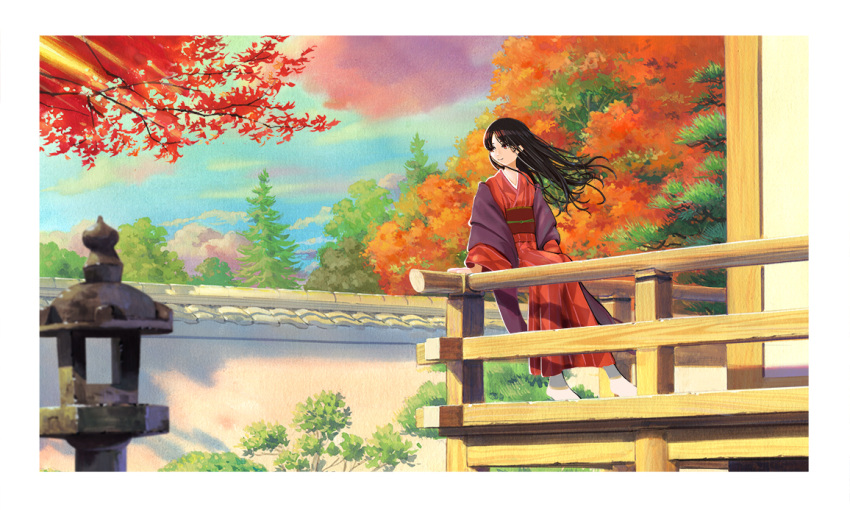 1girl black_hair blue_sky border closed_mouth haori japanese_clothes kimono long_hair long_sleeves obi on_railing original outdoors porch red_eyes red_kimono red_sash sash sawitou_mizuki sitting sky smile socks solo stone_lantern white_border white_legwear