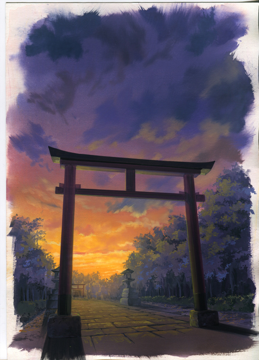 border clouds cloudy_sky highres no_humans orange_sky original outdoors path purple_sky sawitou_mizuki scenery shadow sky stone_lantern sunset torii traditional_media white_border