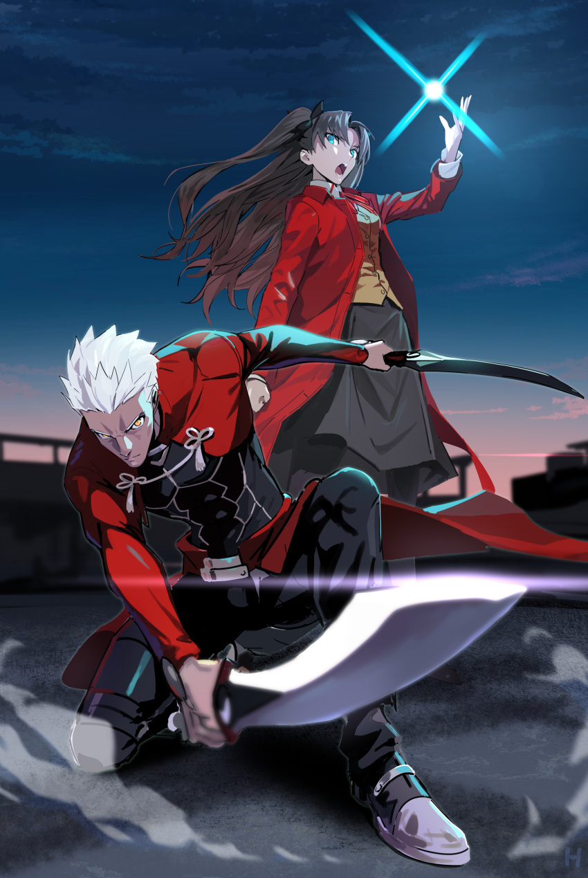1boy 1girl absurdres archer bangs blue_eyes brown_hair bum_hico closed_mouth coat dual_wielding fate/stay_night fate_(series) hair_ribbon highres holding holding_weapon long_hair long_sleeves one_knee open_mouth outdoors red_coat ribbon skirt sky spiky_hair standing tohsaka_rin two_side_up weapon white_hair yellow_eyes