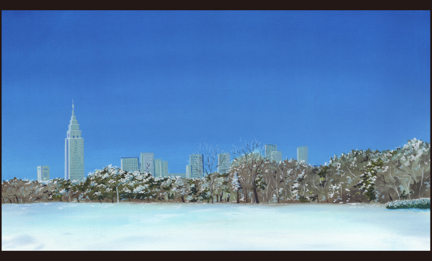 absurdres bare_tree blue_sky building clear_sky day field forest highres letterboxed nature no_humans original outdoors sawitou_mizuki scenery sky skyscraper traditional_media tree winter