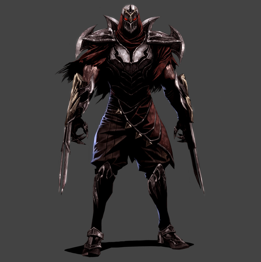 1boy absurdres armor blade breastplate claw_(weapon) full_body glowing glowing_eyes greaves grey_background helm helmet highres league_of_legends male_focus mask muscle ninja pauldrons red_eyes scratches seung_eun_kim shoulder_armor shuriken simple_background solo standing torn torn_clothes veins weapon weapon_on_back zed_(league_of_legends)