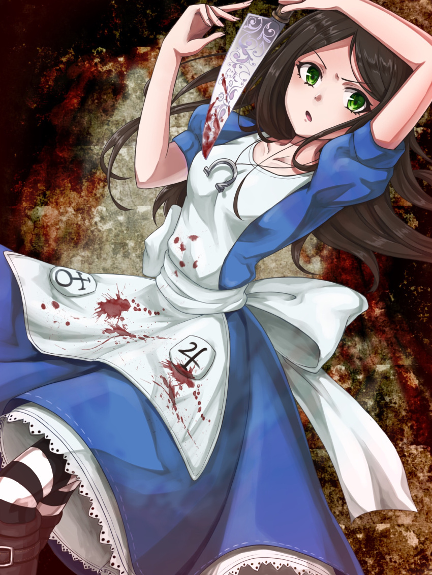1girl alice:_madness_returns alice_(wonderland) alice_in_wonderland american_mcgee's_alice apron black_hair blood breasts dress green_eyes highres jewelry jupiter_symbol knife long_hair looking_at_viewer necklace pantyhose solo striped striped_legwear