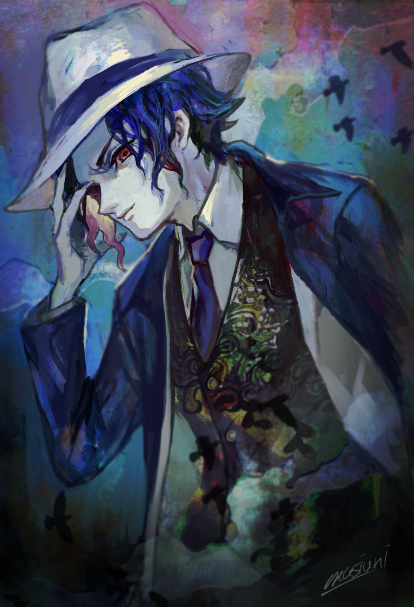 1boy black_vest blue_hair blue_jacket blue_neckwear closed_mouth collared_shirt highres jacket kibutsuji_muzan kimetsu_no_yaiba looking_at_viewer male_focus matcho necktie open_clothes open_jacket red_eyes shirt short_hair signature solo upper_body vest white_shirt wing_collar