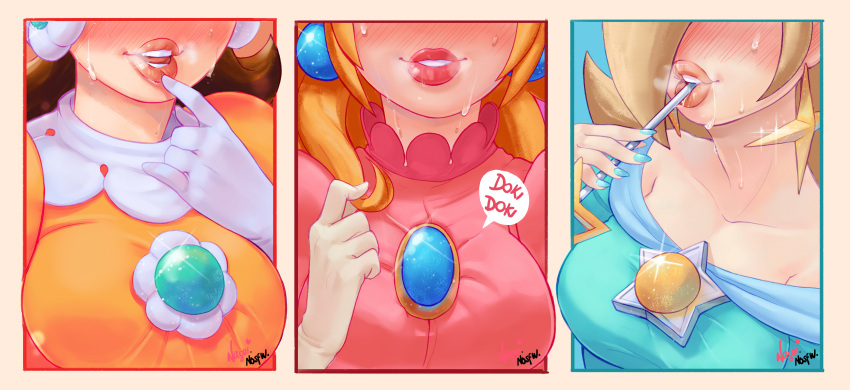 3girls absurdres bare_shoulders blonde_hair blush brooch brown_hair collarbone earrings finger_to_mouth gloves hair_twirling head_out_of_frame highres jewelry lens_flare super_mario_bros. multiple_girls nagai_(jorgemendozaart) nail_polish naughty_face parted_lips princess_daisy princess_peach rosalina sparkle super_mario_bros. super_mario_galaxy sweat thick_lips white_gloves