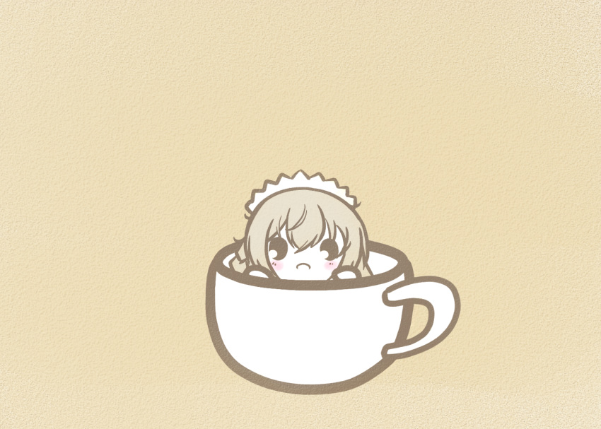 1girl azur_lane braid chibi cup hermione_(azur_lane) in_container in_cup koti light_brown_hair long_hair looking_at_viewer maid_headdress simple_background solo teacup yellow_background