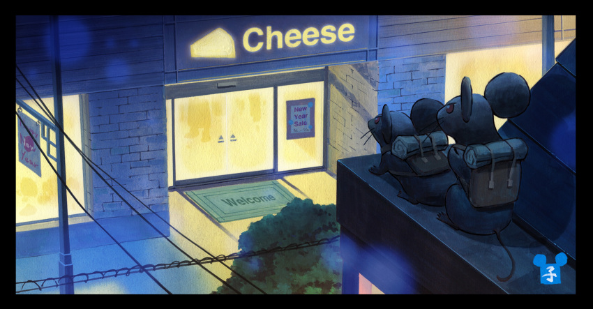 automatic_door backpack bag black_border border cheese chinese_zodiac english_text food from_behind happy_new_year highres new_year original power_lines rat red_eyes rooftop sawitou_mizuki storefront welcome_mat year_of_the_rat