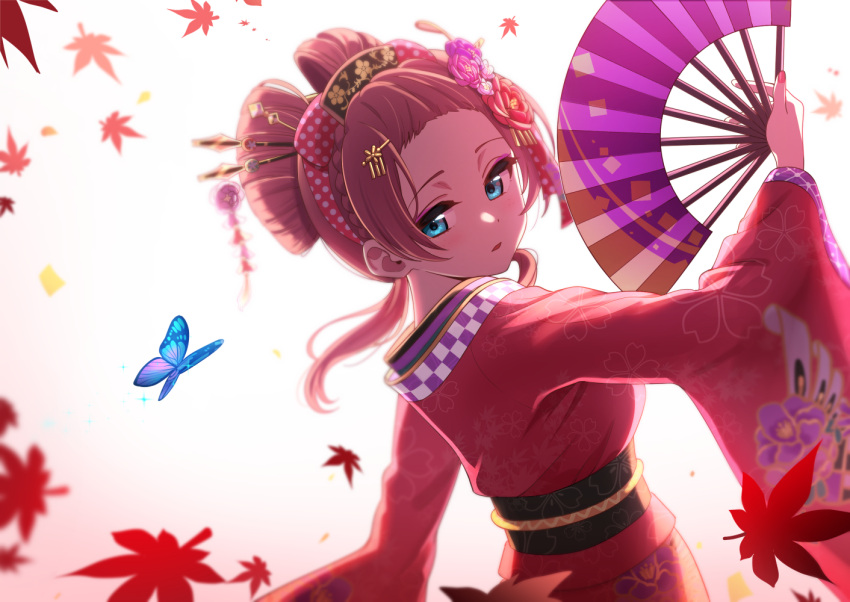 1girl :o alternate_hairstyle blue_eyes blush bow braid bug butterfly checkered crown_braid deadnooodles emma_verde eyeshadow fan floral_print folding_fan freckles from_side gradient gradient_background hair_bow hair_ornament hair_stick hair_up hairband half-closed_eyes holding holding_fan insect japanese_clothes kanzashi kimono leaf looking_away looking_back love_live! love_live!_nijigasaki_high_school_idol_club low_twintails makeup maple_leaf nihongami obi open_mouth paper_fan polka_dot polka_dot_bow polka_dot_hairband red_hairband red_kimono redhead sash solo symbol_commentary twintails upper_body