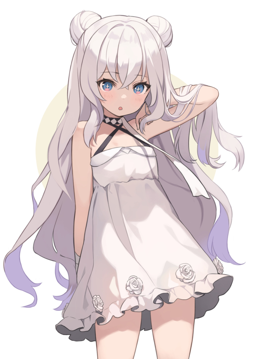 1girl arm_up azur_lane blue_eyes double_bun dress hair_bun hand_in_hair highres kurige_horse le_malin_(azur_lane) long_hair open_mouth short_dress silver_hair simple_background solo sundress very_long_hair white_background white_dress